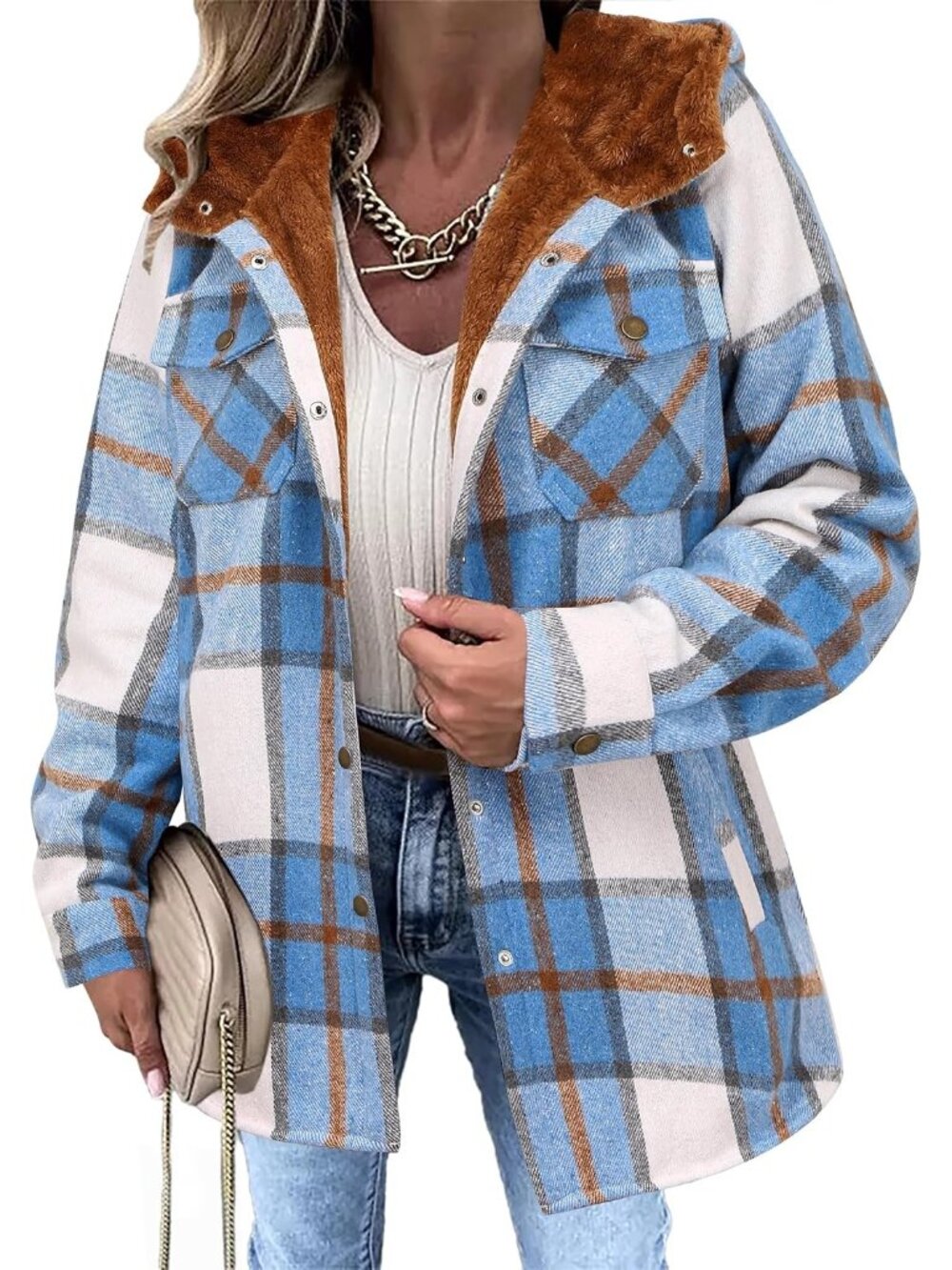 🆕Women's Blue Flannel Plaid Jacket Fleece Lined Hooded Warm Coat Casual